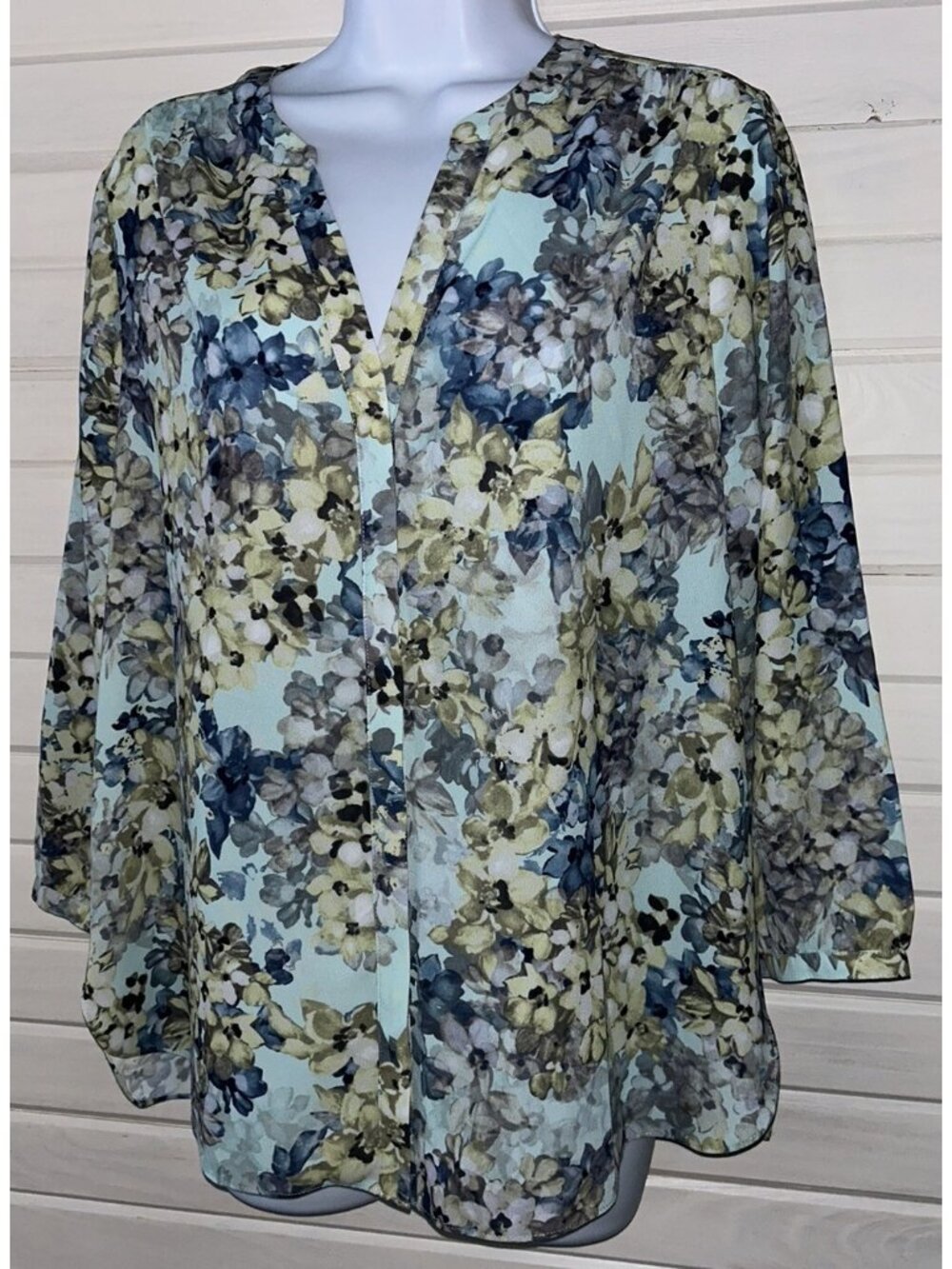 NYDJ Sz SMALL Pintucked Pleated 3/4 Sleeve Blouse Tunic Frazier Floral EUC